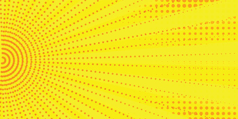 Yellow radial halftone background. Retro comic grain pixel texture. Pixelated dots cartoon wallpaper. Pop art fading wavy gradient pattern.