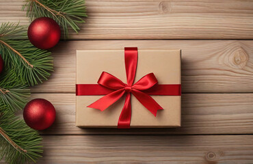 Fototapeta na wymiar Gift box with red ribbon bow on wooden background