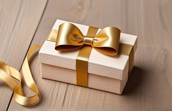 Christmas gift box with golden bow on wooden background