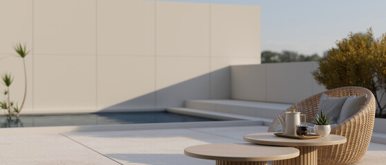 Exterior design of modern outdoor lounge on the rooftop with a cosy wicker armchair, a coffee table.