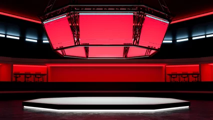 Foto op Plexiglas Futuristic TV game show studio design with rectangular stadium monitors and empty stage. © bongkarn