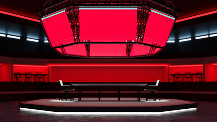 Futuristic TV game show studio design with an interview table on stage and rectangular monitors.