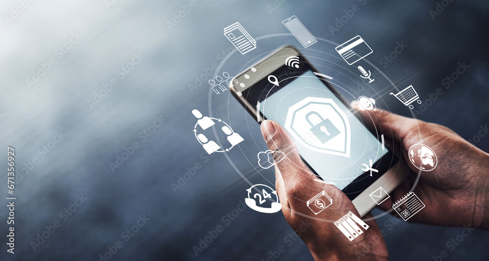 Leinwandbilder hands, phone and digital transformation for cybersecurity, mobile app or technology icons at night. 