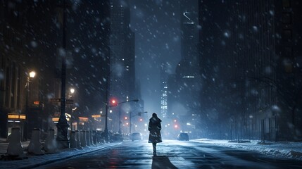 Solitary Figure Amidst Manhattan Snowfall: An Enchanting Evening