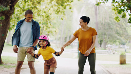 Parents, park and holding hands to rollerskate with girl child with care, learning and support....