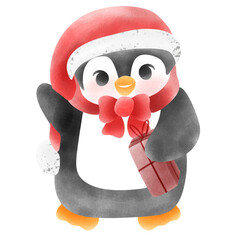 Adorable Winter Penguin with Red Scarf and Hat Whimsical Christmas Illustration