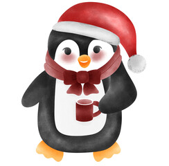 Adorable Penguin in Red Hat and Scarf Enjoying Christmas Coffee
