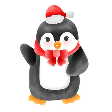 Adorable Winter Penguin with Red Scarf and Hat Whimsical Christmas Illustration