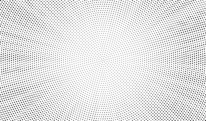Radial halftone dots background. Spotted and dotted stains gradient background. Concentric comic texture with fading effect. Grunge monochrome geometric backdrop. Vector illustration.  - obrazy, fototapety, plakaty