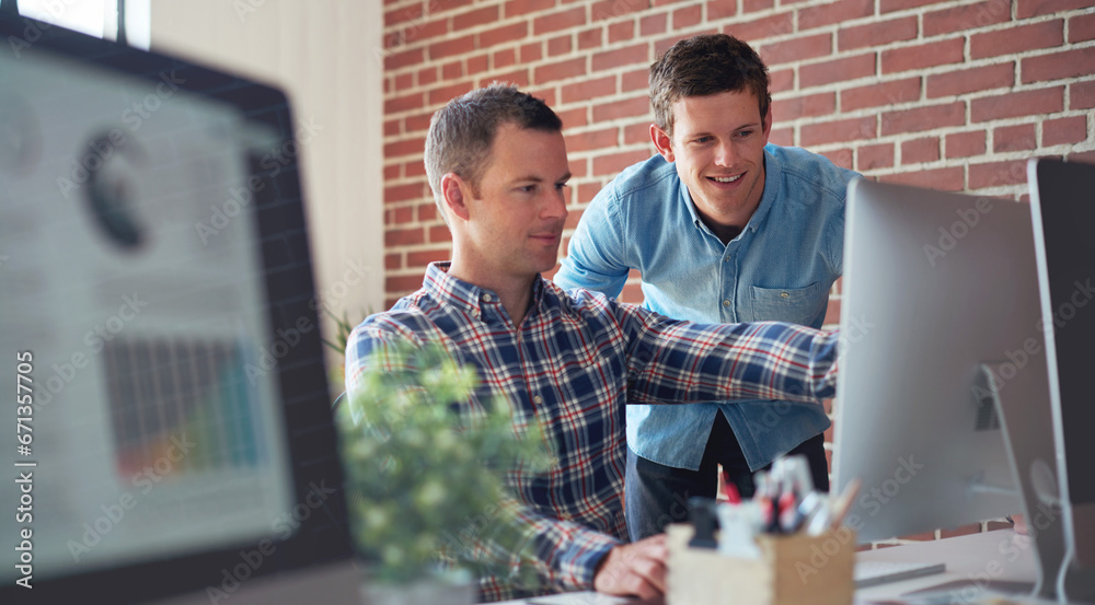 Poster Computer, SEO questions or manager helping reading or coaching a worker in startup or group project. Leadership, faq or employee asking, talking or speaking to a man in a digital marketing agency