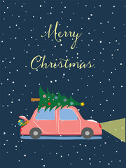 Christmas greeting card flat vector in cartoon style. Car with gifts and Christmas tree on snowy  night background. Merry Christmas concept
