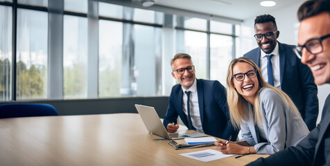 Coworkers laughing in a brightly lit office wearing glasses - obrazy, fototapety, plakaty