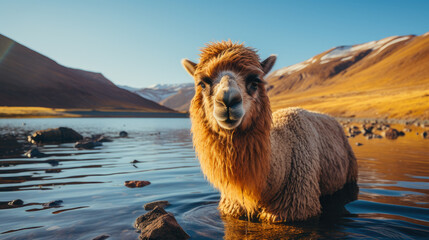 A llama stands in a shallow lake with mountains in the background