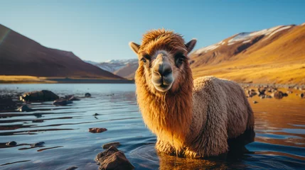 Fotobehang A llama stands in a shallow lake with mountains in the background © Sachin