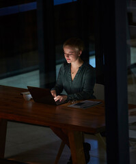 Night, laptop and search with woman in office for planning, overtime and corporate strategy....