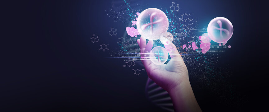 Digital of Virtual analysis chromosome DNA test of human in situations disease COVID-19 virus on hands in 3D illustration. Of free space for texts and creativity.
