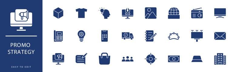 Promo Strategy icon collection. Containing Calendar, Call Center, Campaign, Catalog, Concept, Content,  icons. Vector illustration & easy to edit.