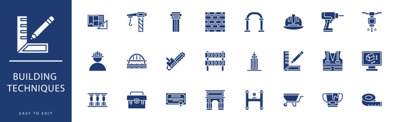 Building Techniques icon collection. Containing Balcony, Barrier, Blueprint, Brick Wall, Bridge, Building,  icons. Vector illustration & easy to edit. - obrazy, fototapety, plakaty