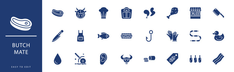 ButchMate icon collection. Containing Burger, Butcher Shop, Chef Hat, Chicken, Chorizo, Cleaver Knife,  icons. Vector illustration & easy to edit.