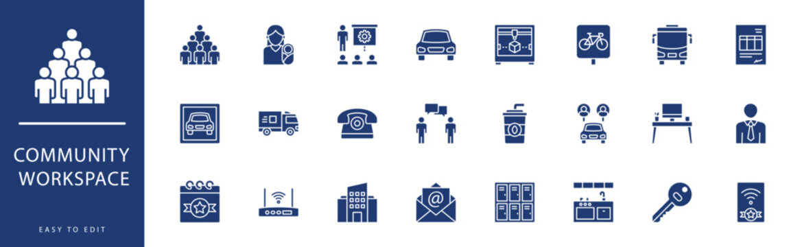 Community workspace icon collection. Containing Car Parking, Car Sharing, Car, Cigarette, Collaboration, Communications,  icons. Vector illustration & easy to edit.