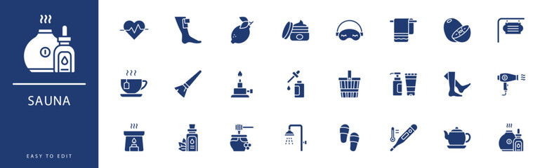 Sauna icon collection. Containing Lotion, Lotus, Mask, Mirror, Mortar, Sandals,  icons. Vector illustration & easy to edit.