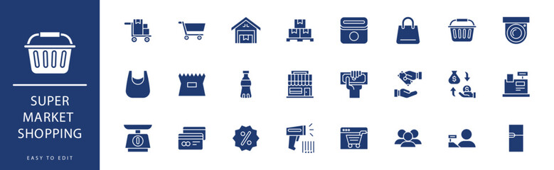 Supermarket shopping icon collection. Containing Canned Food, Carrot, Cash, Cashier Machine, Change, Cheeses,  icons. Vector illustration & easy to edit.