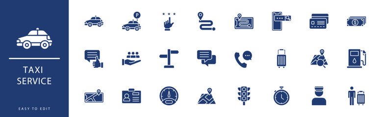 taxi service icon collection. Containing Chat, Credit Card, Customer Support, Customer, Disabled, Driver License,  icons. Vector illustration & easy to edit. - obrazy, fototapety, plakaty