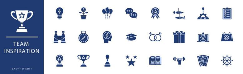 Team Inspiration icon collection. Containing Clipboard, Cogwheel, Communication, Compass, Cup, Diamond,  icons. Vector illustration & easy to edit.