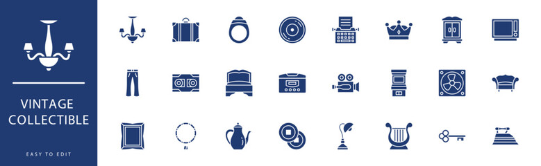 Vintage Collectible icon collection. Containing Jukebox, Key, Mirror, Mobile Phone, Monocle, Necklace,  icons. Vector illustration & easy to edit.