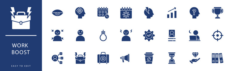 Work Boost icon collection. Containing Burden, Busy, Clock, Coffee Cup, Competence, Confusing,  icons. Vector illustration & easy to edit.