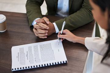 Legal, signature and contract with hands of people planning on documents for partnership, b2b and...