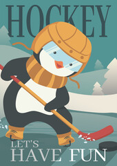 Winter activity vector illustration. Penguin hockey player