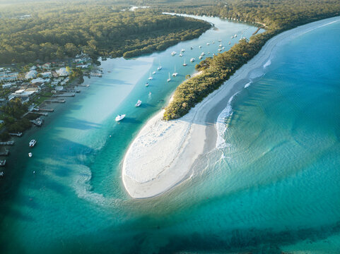 Aerial View of Jervis Bay Huskisson Sand Spit over Water, South Coast NSW Australia