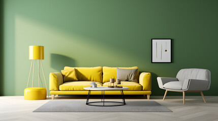 Minimalist living room with pastel green walls and yellow sofa. 3D rendering.