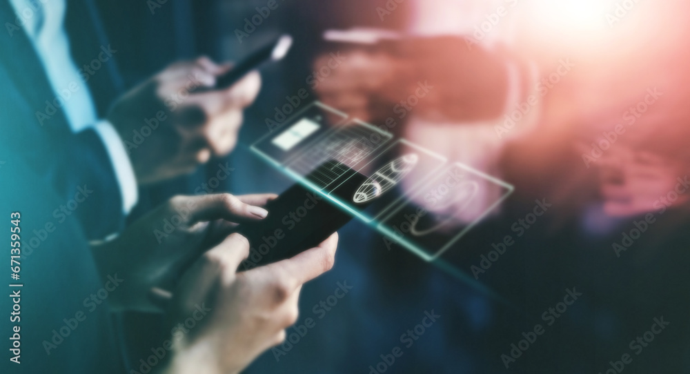 Poster Technology abstract, mobile app hologram and hands with phone for networking, software and communication. Digital mockup, futuristic 3d icons and smartphone for internet, connection and social media