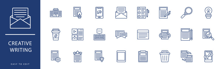 Creative Writing icon collection. Containing Coffee, Computer, Concept, Content, Copywriting, Creativity,  icons. Vector illustration & easy to edit.