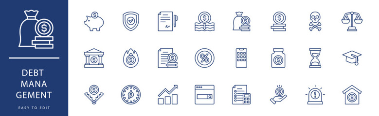Debt management icon collection. Containing Handcuffs, Hourglass, House, Kneeling, Laptop, Logs,  icons. Vector illustration & easy to edit.