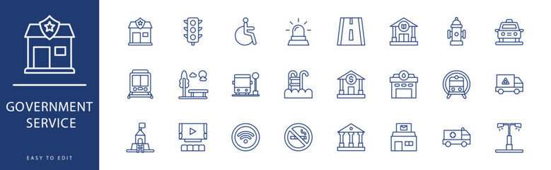 Government service icon collection. Containing Barbershop, Bus Stop, Bus, Carousel, Cinema, Cruch,  icons. Vector illustration & easy to edit. - obrazy, fototapety, plakaty