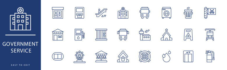 Government service icon collection. Containing Library, Museum, No Smoke, Park, Playground, Police Station,  icons. Vector illustration & easy to edit.