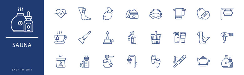 Sauna icon collection. Containing Lotion, Lotus, Mask, Mirror, Mortar, Sandals,  icons. Vector illustration & easy to edit.