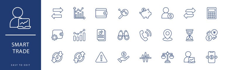 Smart Trade icon collection. Containing Graph, Hourglass, Idea, Line Chart, Location, Loss,  icons. Vector illustration & easy to edit.