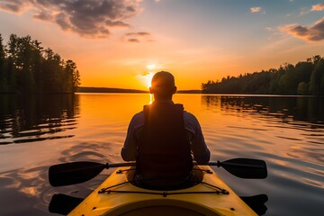 rear view of man kayaking on lake at sunset - obrazy, fototapety, plakaty