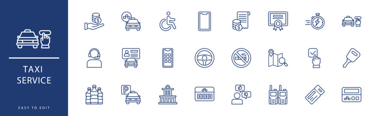 taxi service icon collection. Containing Order, Parking, Parking, Passenger, Payment, Rating,  icons. Vector illustration & easy to edit.