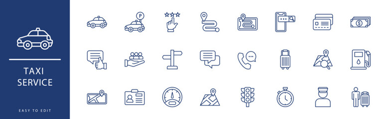 taxi service icon collection. Containing Chat, Credit Card, Customer Support, Customer, Disabled, Driver License,  icons. Vector illustration & easy to edit. - obrazy, fototapety, plakaty