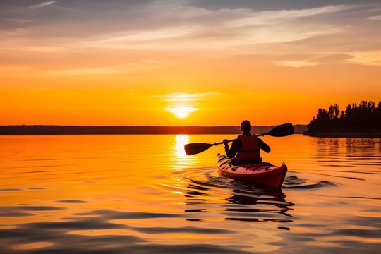 rear view of man kayaking on lake at sunset