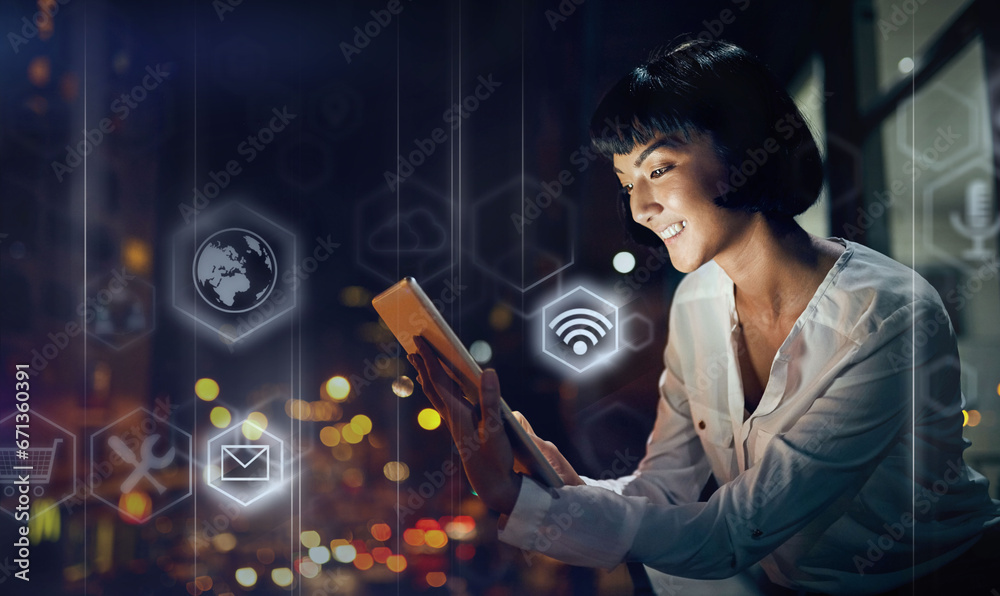 Wall mural Woman, tablet and digital transformation in the night city for networking, wifi or technology software icons. Female freelancer in futuristic big data, innovation or global communication on balcony