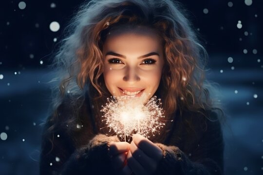 Happy woman holding sparkling love shaped fireworks in hands