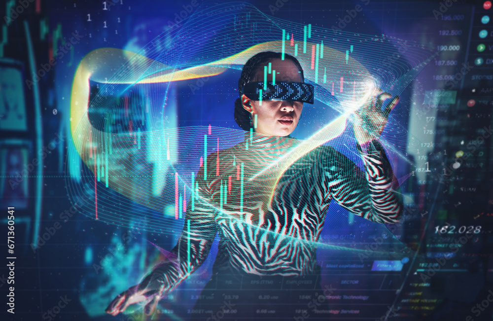 Poster Metaverse, virtual reality glasses and woman with overlay for stock market digital transformation. Vr headset girl ar hologram with cyber 3d world for big data, future tech and trading infographics