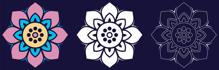 Mandala Pattern Designs in three different styles, floral mandal indian style black and white, colored and outlined vector illustration, hand drawn indian traditional and cultural