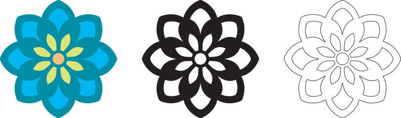 Mandala Pattern Designs in three different styles, floral mandal indian style black and white, colored and outlined vector illustration on white background, hand drawn indian traditional and cultural